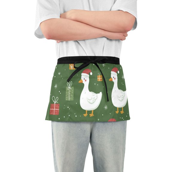Duck with Christmas Hats Cute Presents Snow Short Server Apron with 3 Pockets for Unisex Chef Gardening