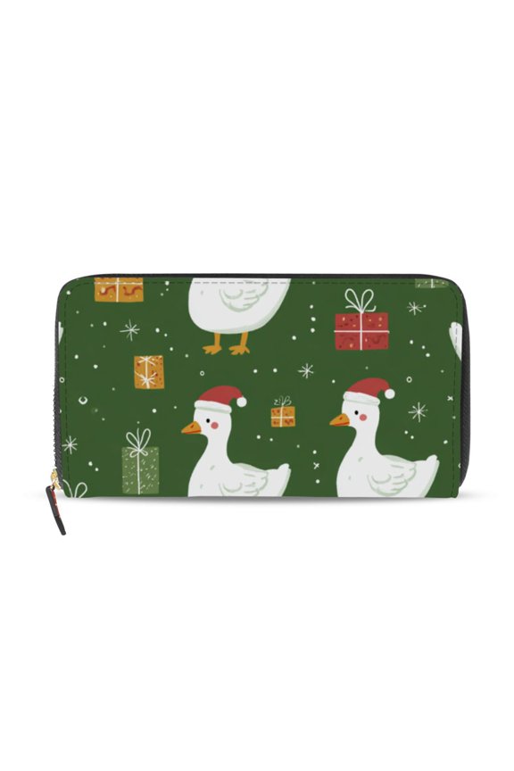 Duck with Christmas Hats Cute Presents Snow Women's Long Zipper Wallet Bifold Clutch Purse PU Leather Card Cases