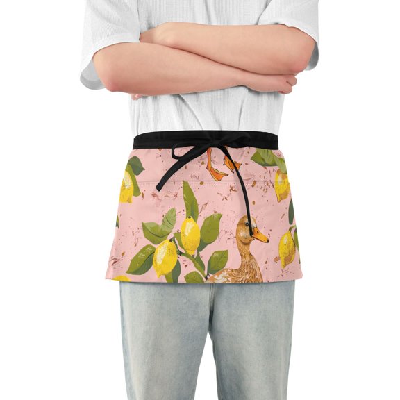 Duck with Lemon Waist Apron Adjustable Server Half Apron Kitchen Cooking with 3 Pockets for Men Women