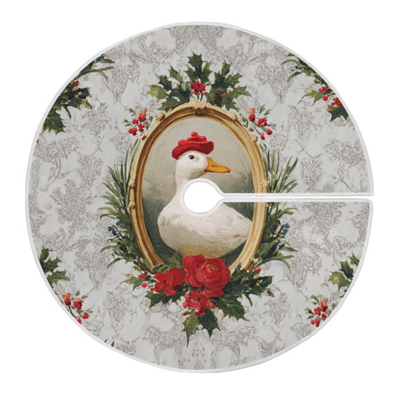 Duck with Red Hat Vintage Painting Christmas Tree Skirt Opening Design Floor Protection Holiday Decor 47.2" Diameter M