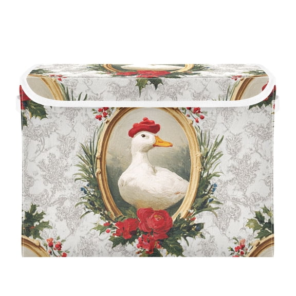 Duck with Red Hat Vintage Painting Foldable Storage Bins with Lids Handles Collapsible Storage Containers Tote Boxes 16.5 x 12.6 x 11.8 inches