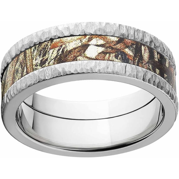 Duckblind Men's Camo 8mm Stainless Steel Band with Tree Bark Edges and Deluxe Comfort Fit