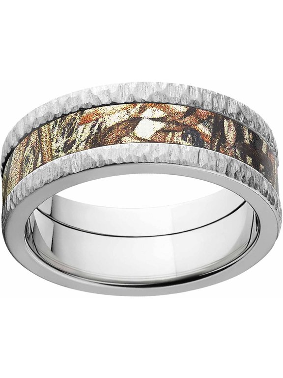 Duckblind Men's Camo 8mm Stainless Steel Band with Tree Bark Edges and Deluxe Comfort Fit