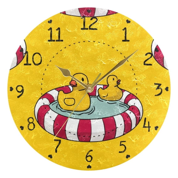 Duckies in Rubber Swimming Pool Round Wall Clock Silent Analog Battery Operated Gold Pointer Home Decor 9.84" Diameter