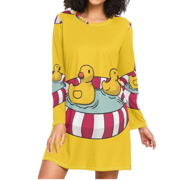 Duckies in Rubber Swimming Pool Women's Long Sleeves Nightgowns Sleepwear Soft Pajama A-line Sleep Dress S