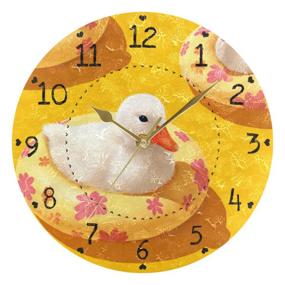 Duckies on Swimming Circles Round Wall Clock Silent Analog Battery Operated Gold Pointer Home Decor 9.84" Diameter