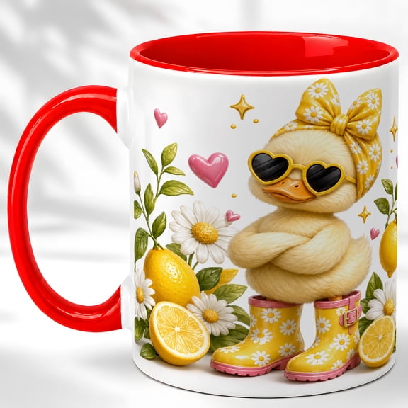 Duckling Boots Coffee Mug, Daisy Lemon Mug, Ceramic 11 oz