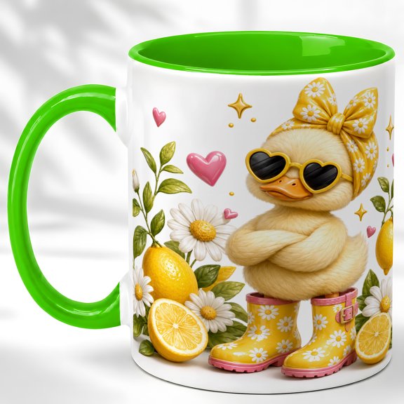 Duckling Boots Coffee Mug, Daisy Lemon Mug, Ceramic 11 oz