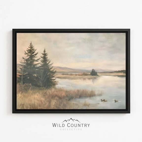 Duckling Pine Tree Calm Lake Mountain Marsh Lodge Wetland Landscape Poster