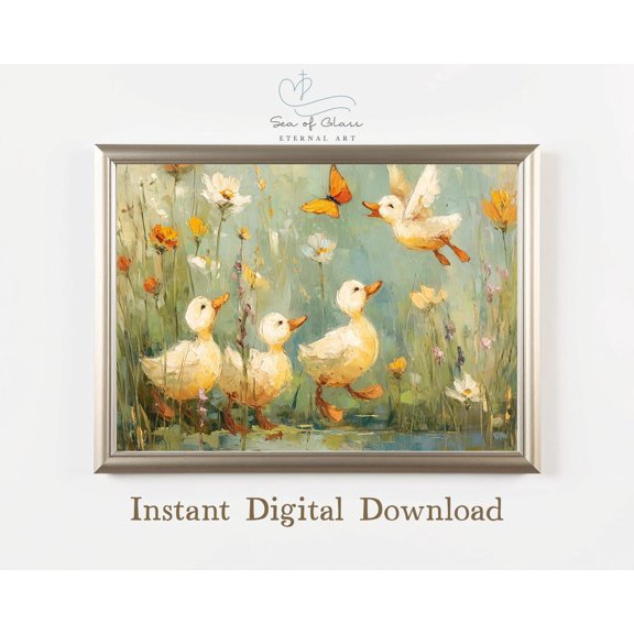 Duckling and Butterfly Art Poster Vintage Cottagecore Nursery Decor, Baby Animal Child's Room Artwork, Unframed Poster Size 8x12 F03.1.18l1703