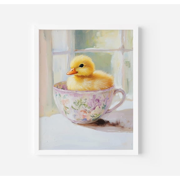 Duckling in Teacup Art Poster Vintage Nursery Decor, Unframed Canvas Size 8x12 F03.1.19l965