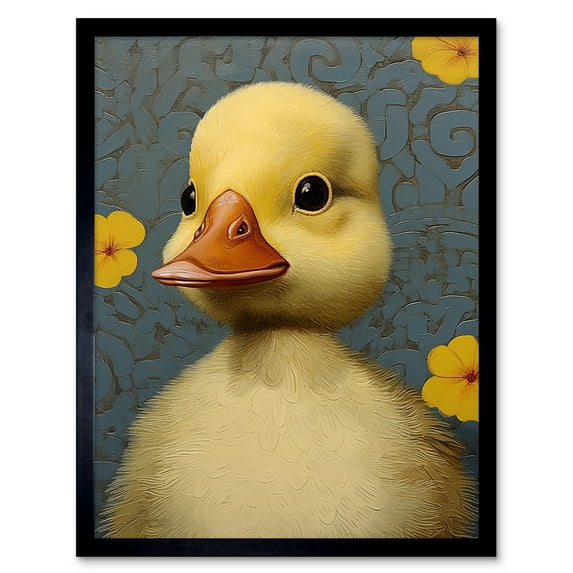 Duckling with Flowers Oil Painting Kids Bedroom Baby Nursery Duck Art Print Framed Poster Wall Decor 12x16 inch