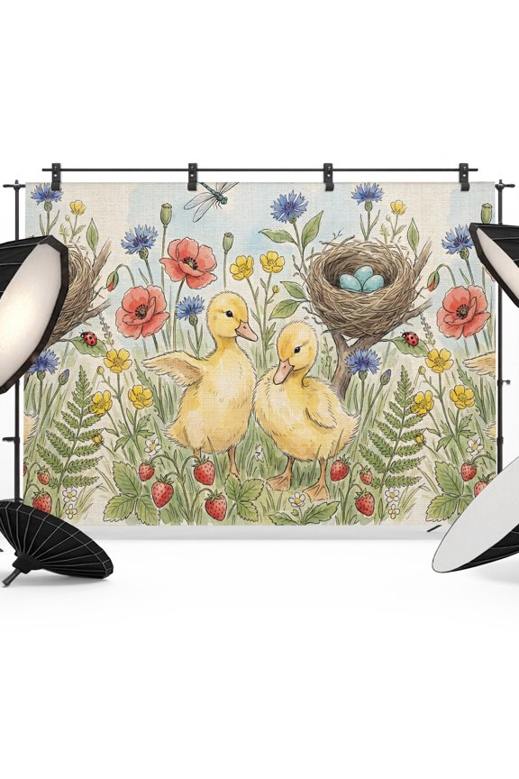 Ducklings Backdrop for Photography, Poppy Flowers Bird Nest Eggs Dragonfly Rural Photo Backdrop Portrait Background Party Banner Photo Backgrounds for Studio Booth Props, 7x5ft