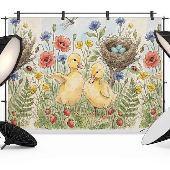 Ducklings Backdrops for Photography, Poppy Flowers Bird Nest Eggs Dragonfly Rural Fabric Photo Background Sturdy Studio Props for Photo Studio, Video Recording, Booth & Photoshoot 7x5ft
