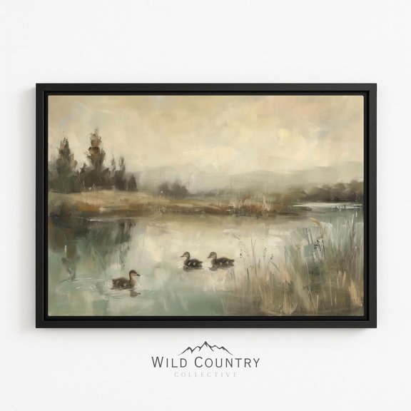 Ducklings Misty Pond Three Ducks Among Sage Reeds Moody Cabin Poster