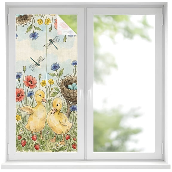 Ducklings Window Privacy Film, Poppy Flowers Bird Nest Eggs Dragonfly Rural Frosted Glass Window Clings Static Cling UV Heat Blocking Reusable Door Sticker for Bathroom 19.6 x 39.3 Inch