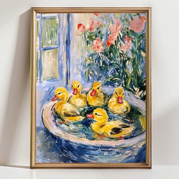 Ducklings in Garden Basin Art Whimsical Baby Ducks Cottagecore Nursery Decor, Unframed Canvas 16x20in