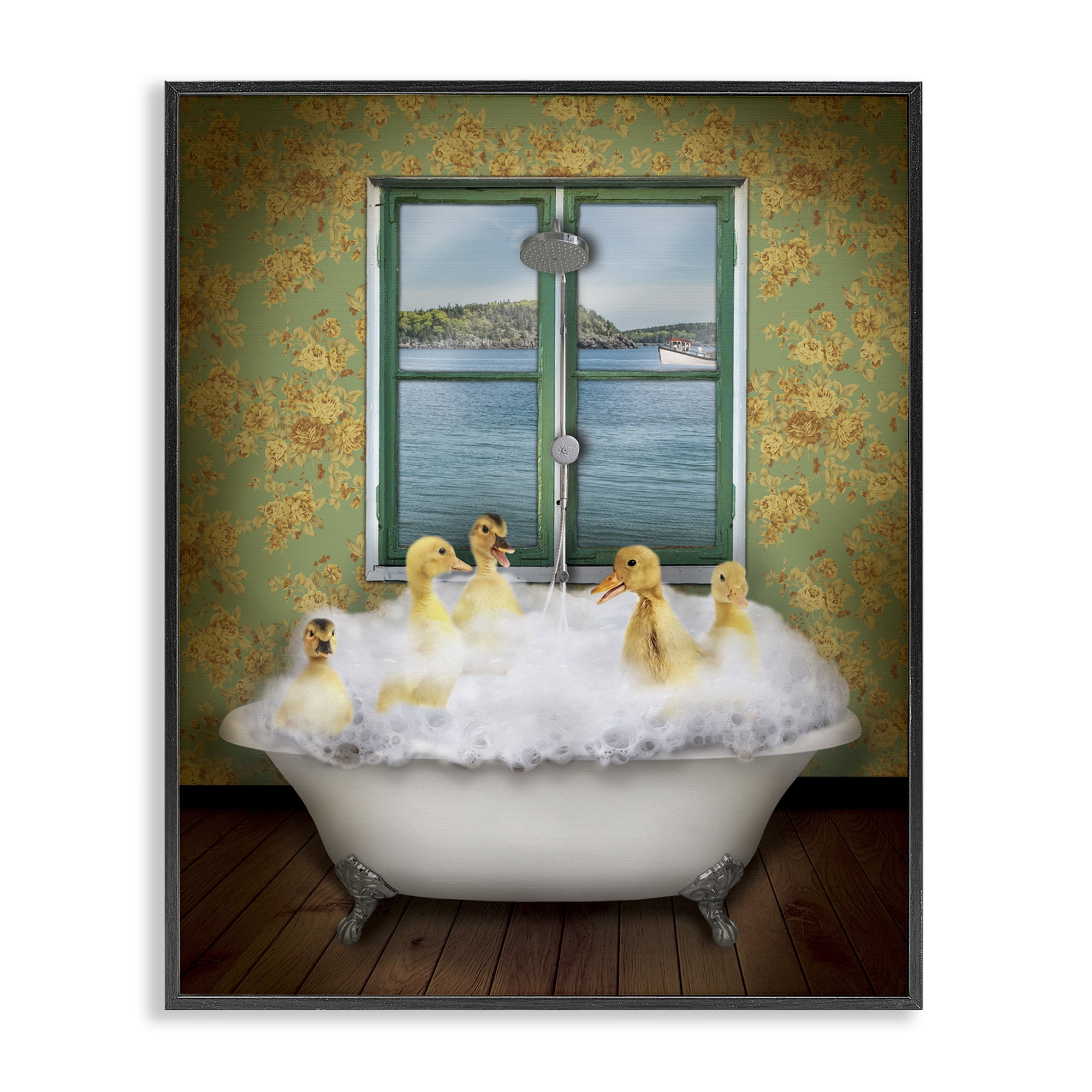 Ducks Bathing Tub Ocean View Animals & Insects Graphic Art Black Framed Art Print Wall Art