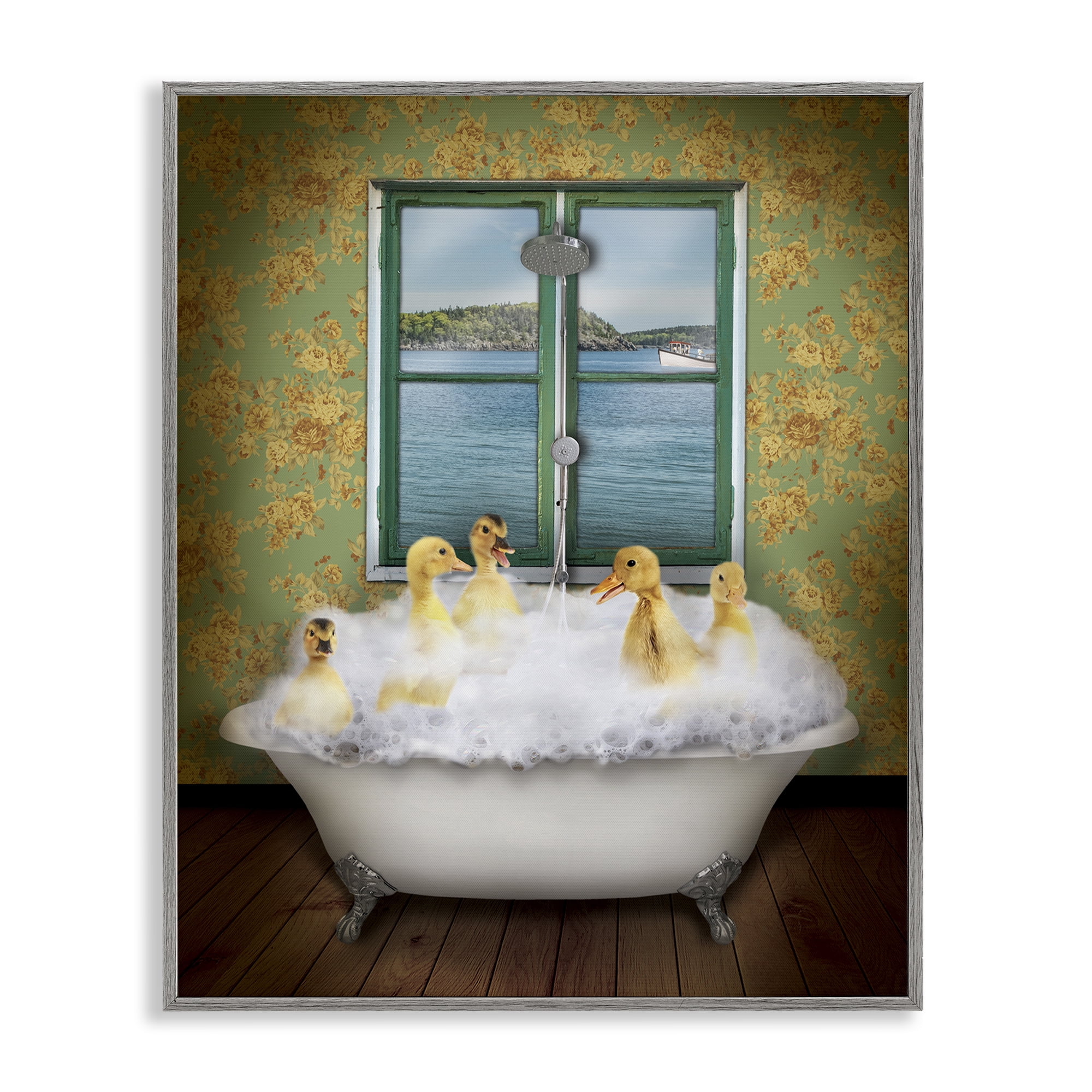 Ducks Bathing Tub Ocean View Animals & Insects Graphic Art Gray Framed Art Print Wall Art