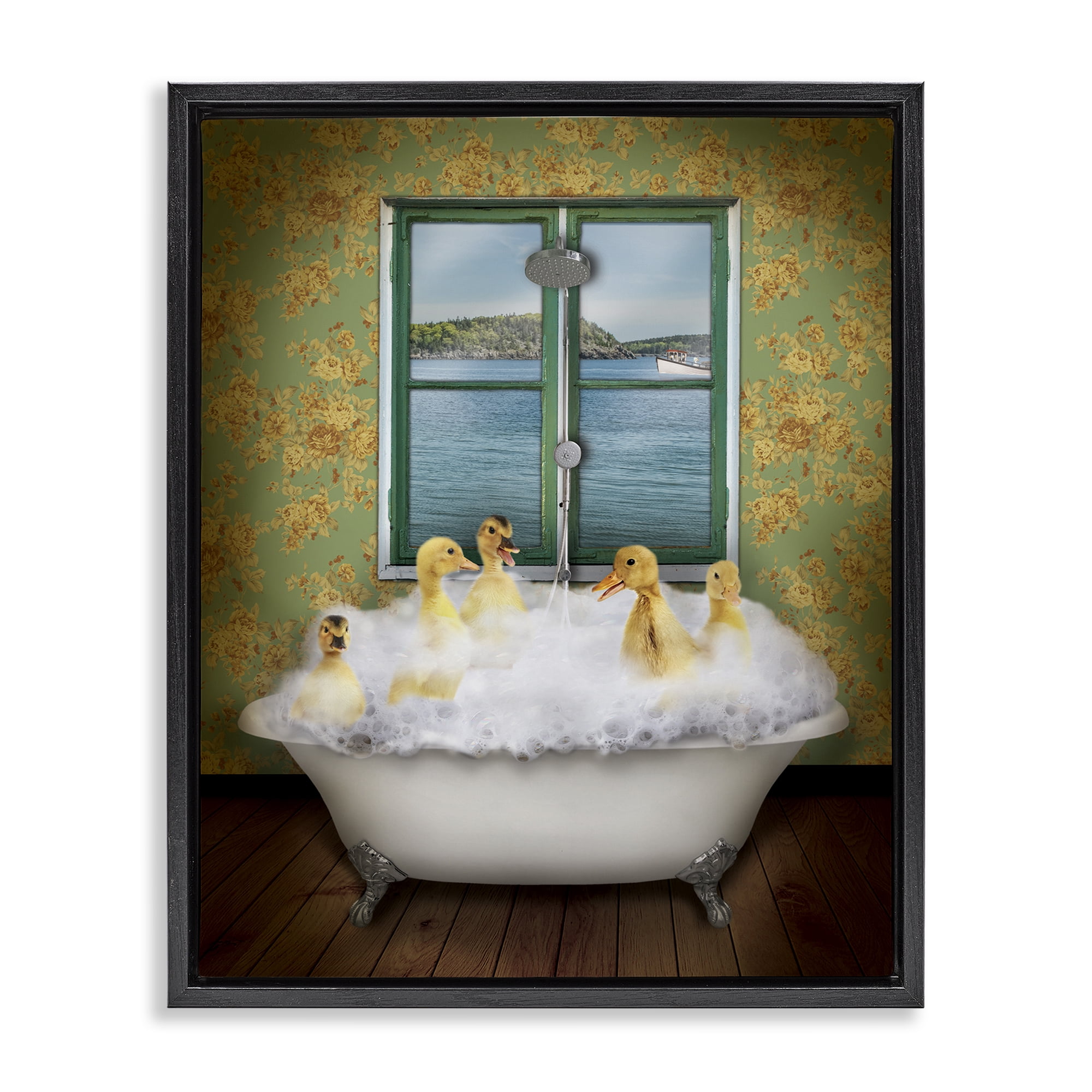 Stupell Industries Ducks Bathing Tub Ocean View Animals Painting Black Floater Framed Canvas Art Print Wall Art, 25 x 31
