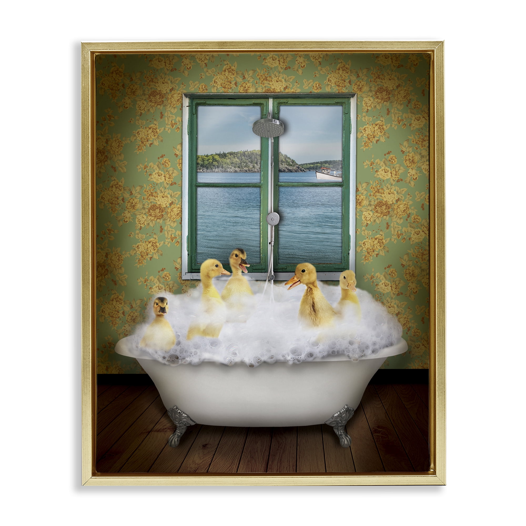 Stupell Industries Ducks Bathing Tub Ocean View Animals Painting Gold Floater Framed Canvas Art Print Wall Art, 21 x 17
