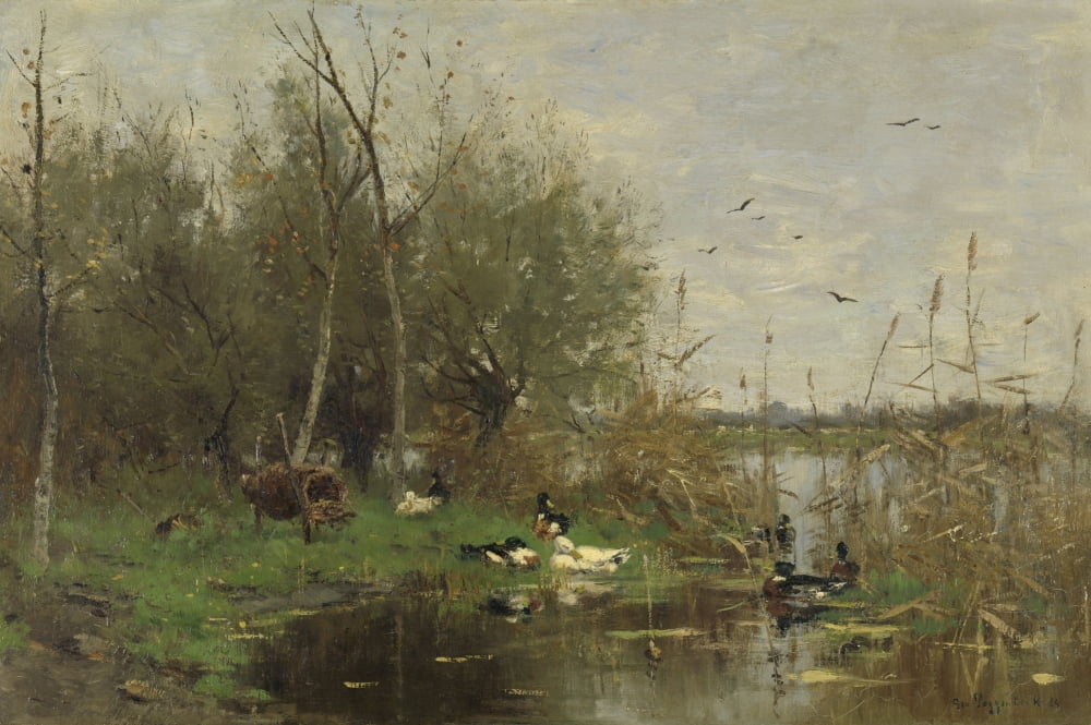 Ducks Beside A Duck Shelter On A Ditch Canvas Art - (24 x 18)