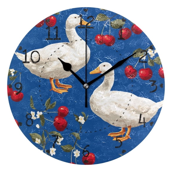 Ducks Cherries Small Flowers Leaves Round Wall Clock Silent Analog Battery Operated Black Pointer Home Decor 9.84" Diameter