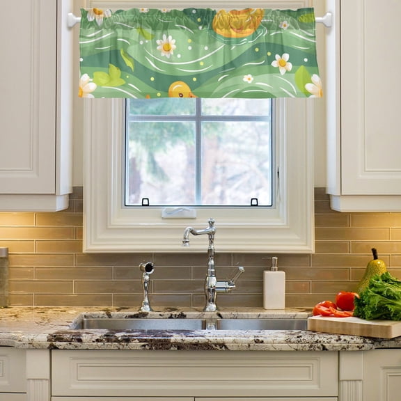 Ducks Daisy Flower on Green Wave Curtain Valances Farmhouse Design Window Treatment Decor Blackout Rod Pocket for Windows Living Room Kitchen 54" x 18"