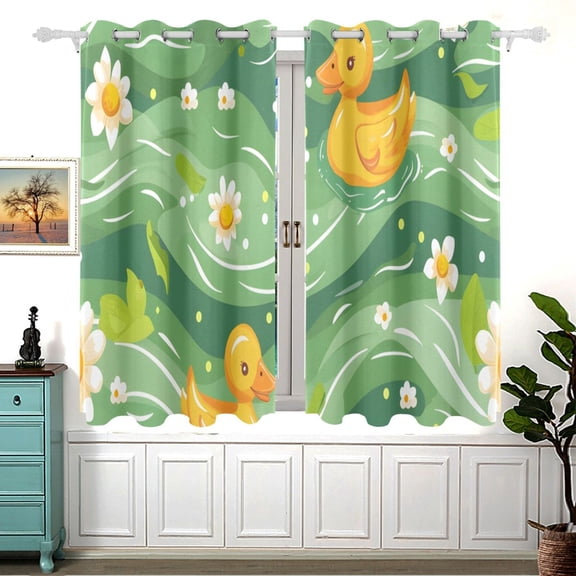 Ducks Daisy Flower on Green Wave 5455 Inch Black Out Curtains 2 Packs Aesthetic for Bedroom Living Room Sliding Glass Doors Kitchen Windows