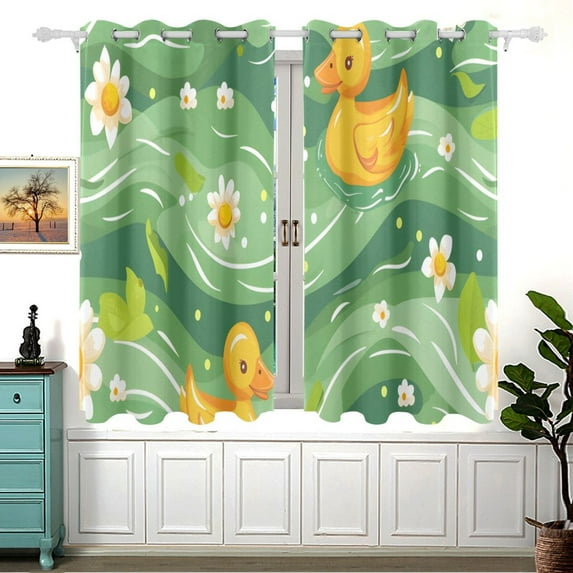 Ducks Daisy Flower on Green Wave 54×55 Inch Black Out Curtains 2 Packs Aesthetic for Bedroom Living Room Sliding Glass Doors Kitchen Windows