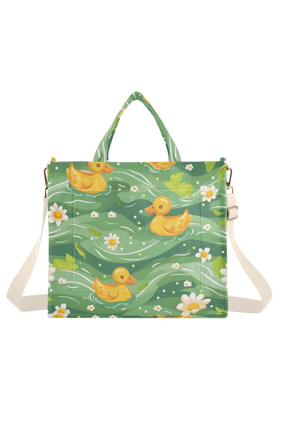 Ducks Daisy Flower on Green Wave Corduroy Tote Bag Handbag Large Messenger Bag Shoulder Crossbody Zipper Bag Purse