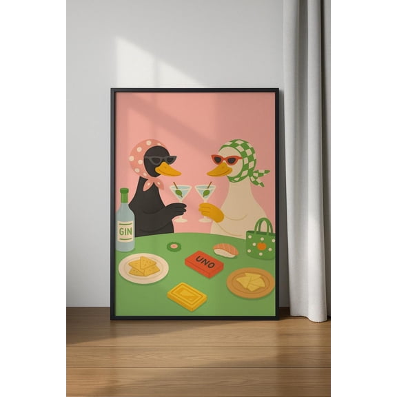 Ducks Drinking Cocktails, Funny Animal, Retro Duck Drinking Art, Ducks With Martini Cocktail #109, Unframed Poster Size 8x12