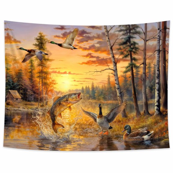 Ducks Fish at Sunset Lake Tapestry, Rustic Autumn Forest Wildlife Wall Hanging, Nature Hunting Scene Landscape Tapestry for Bedroom Living Room Cabin Decor, 90x60in