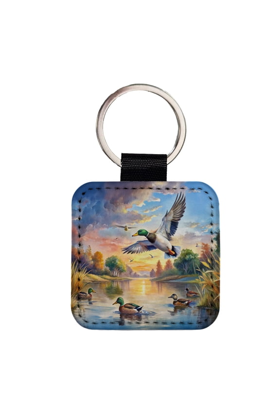 Ducks Flying At Sunrise Hunting Watercolor Faux Leather Square Keychain