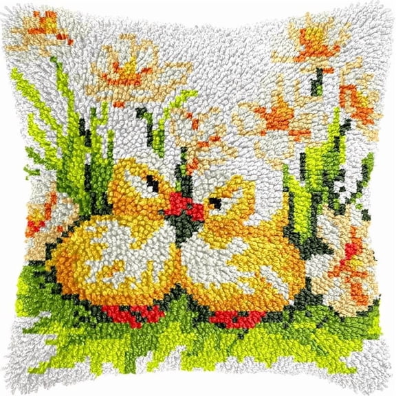 Ducks Latch Hook Pillow Cover Kits for DIY Handmade Throw Pillow Cross Stitch Latch Hooking Pillowcase Kits with Preprinted Color Pattern Canvas Crochet Yarn Kits 17''X 17''(a177)