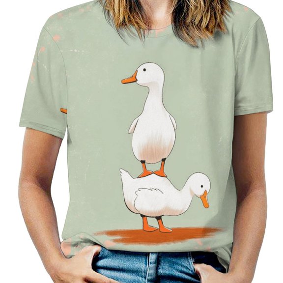 Ducks Stacked Artwork Womens Tops Women's Fashion Casual Short Sleeve Flower Print Round Neck Pullover Top Blouse