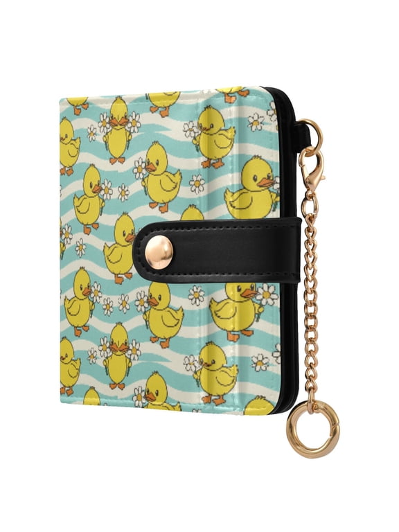 Ducks Stripes Daisy Flower Small Wallet for Women RFID Blocking Bifold PU Leather Credit Card Holder with Zipper Coin Pocket Compact Cute Travel Purse Magnetic Snap 7 Card Slots