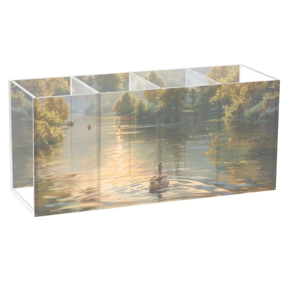 Ducks Swimming in Lake at Sunrise Acrylic Pencil Pen Holder Cup 4 Compartments Desktop Organiser 7.87"x2.78"x3.54"