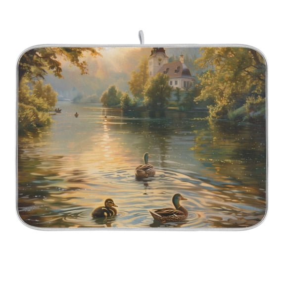 Ducks Swimming in Lake at Sunrise Dish Drying Mat 16x18 Absorbent Microfiber Draining Rack Pad for Kitchen Counter Sink