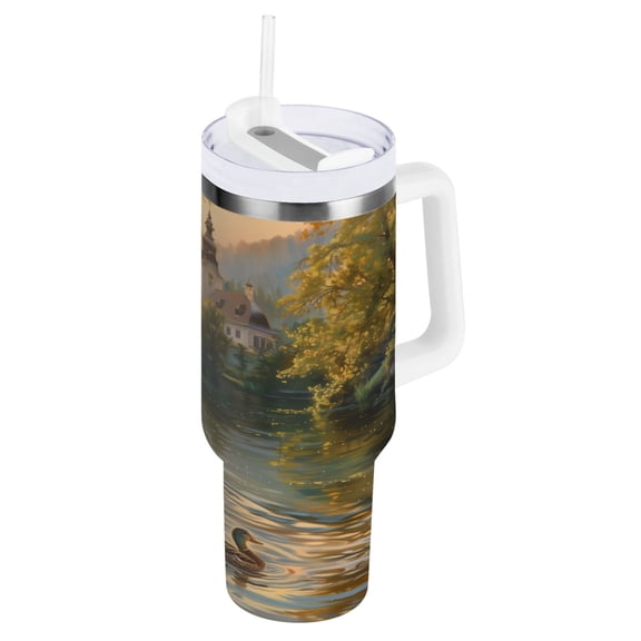 Ducks Swimming in Lake at Sunrise Tumbler with Handle and Straw Lid 30 oz Insulated Vacuum Water Bottle Stainless Steel Travel Cup