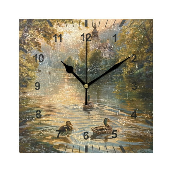 Ducks Swimming in Lake at Sunrise Wall Clock Battery Operated Silent Non-Ticking Bedroom Office Kitchen Home School Decor 7.8"(Black)