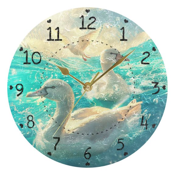 Ducks Swimming in The Sea Round Wall Clock Silent Analog Battery Operated Gold Pointer Home Decor 9.84" Diameter
