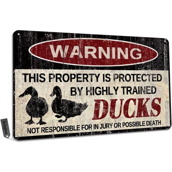 Ducks Tin Sign, Funny Metal Sign, Vintage Wall Decor 12x8 Inch - Warning This Property Protected by Ducks