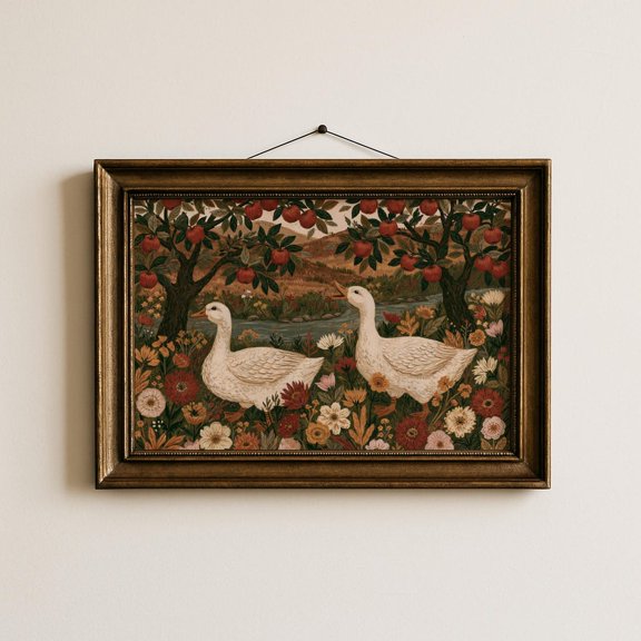 Ducks Under Apple Trees Wall Art Print, Rustic Folk Orchard Decor