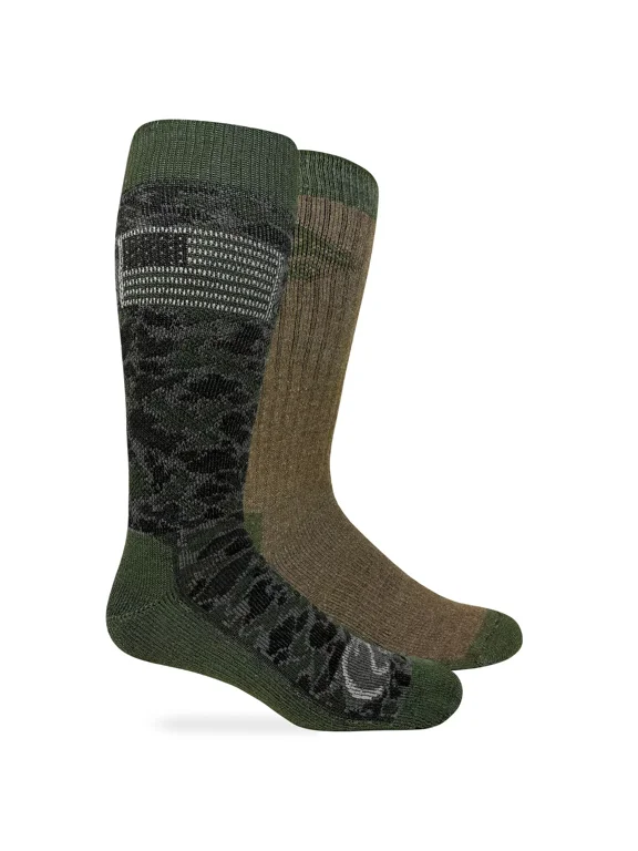 Ducks Unlimited Men's Camo American Flag Merino Wool Blend Boot Socks 2 Pair Pack