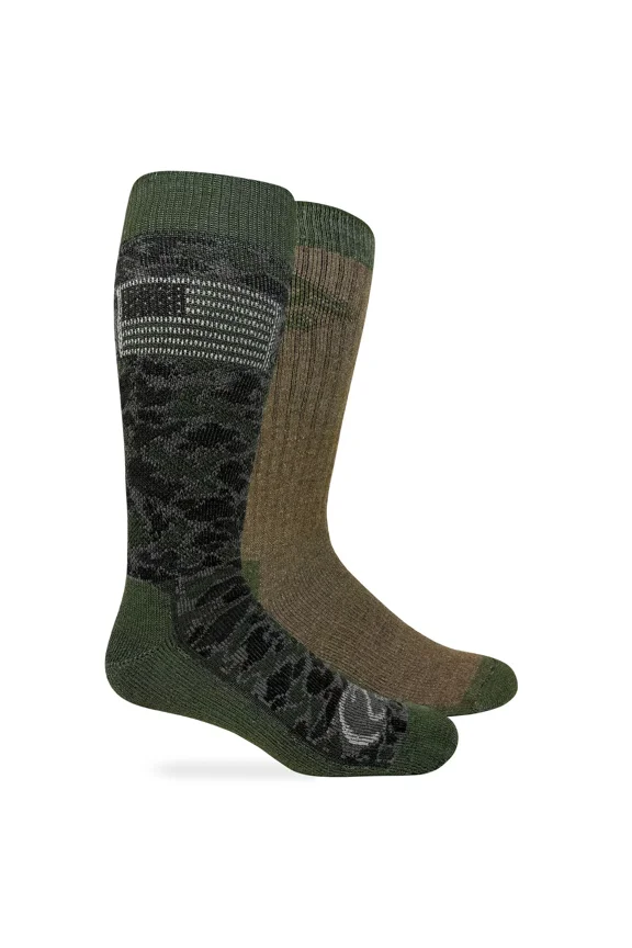 Ducks Unlimited Men's Camo American Flag Merino Wool Blend Boot Socks 2 Pair Pack