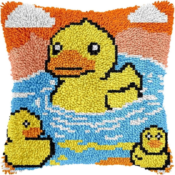 Ducks in Water Latch Hook Pillow Cover Kits for DIY Handmade Throw Pillow Cross Stitch Latch Hooking Pillowcase Kits with Preprinted Color Pattern Canvas Crochet Yarn Kits 17''X 17''(7-77)
