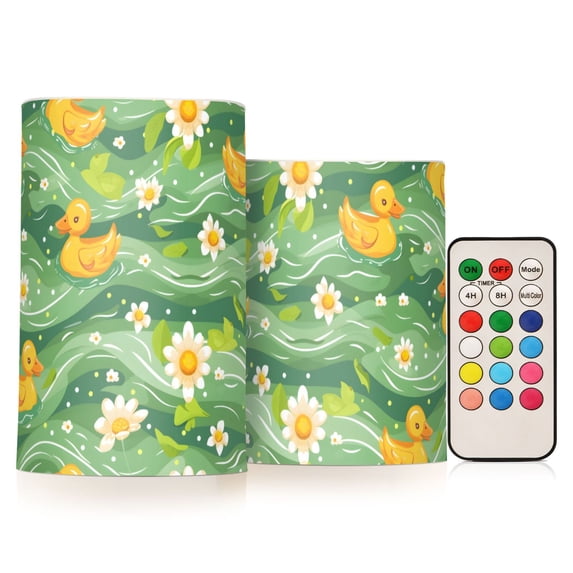 Ducks and Flower Wave Flameless LED Candle Set with Remote, Battery Operated Color Changing Pillar Candles, Set of 2