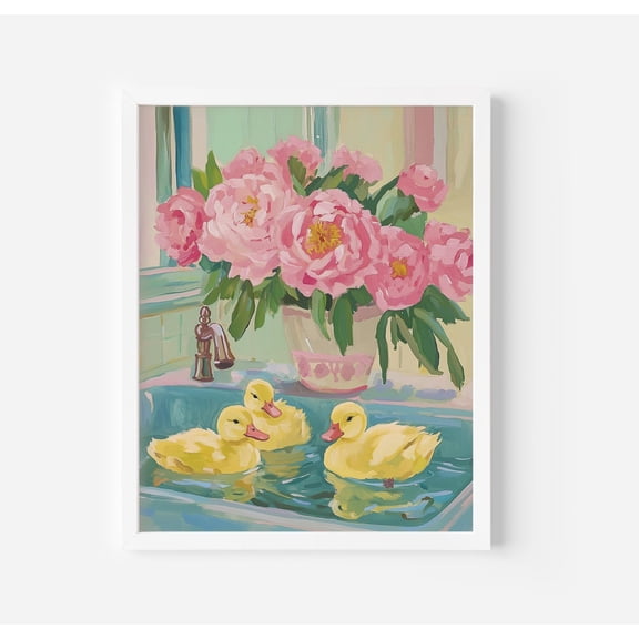 Ducks in Bathtub Art Poster Pink Roses, Relaxing Bathroom Decor (Print), Unframed Poster Size 12x18 F03.1.19l500