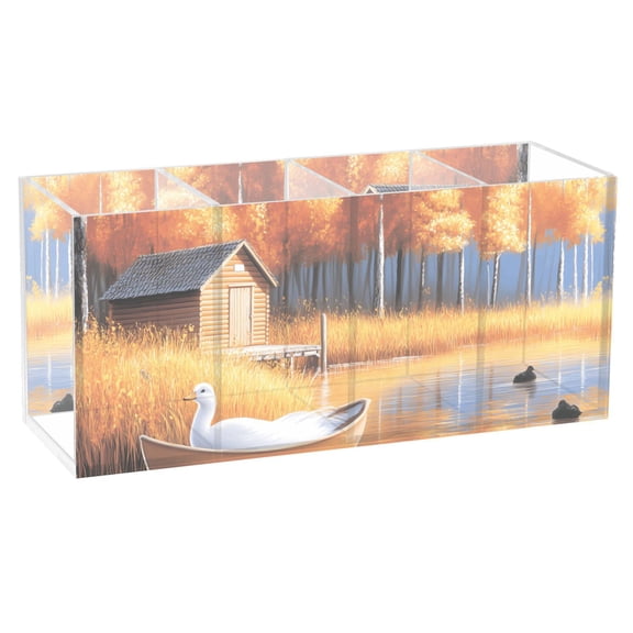 Ducks in Boat on River Acrylic Pencil Pen Holder Cup 4 Compartments Desktop Organiser 7.87"x2.78"x3.54"